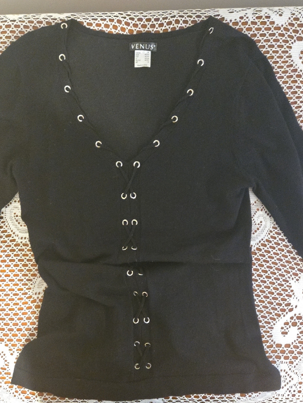 VENUS Black Lace-Up V-Neck Knit Top with Silver Eyelets